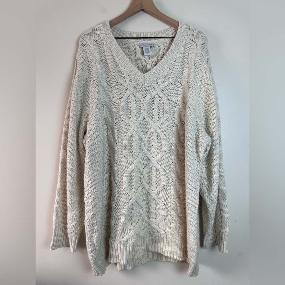 Soft Surroundings Womens Fisherman Cable Chunky Knit Sweater Size 2X Ivory Heavy